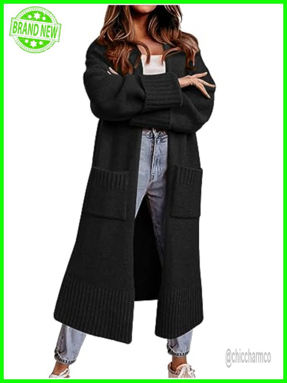Open Front Knit Cardigan Duster Sweater with Pockets for Women